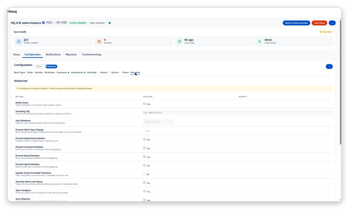 The Advanced tab, a table of settings such as Notify Users, Incoming JQL, User Mentions and the Prevent deletion options, with a Yes or No for each project.