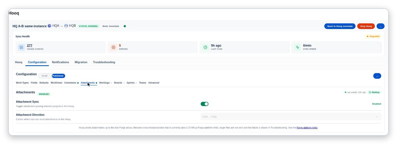 The Attachments tab with the Attachment Sync switch turned on, the Attachment Direction and a statement about the file size limit between sites.