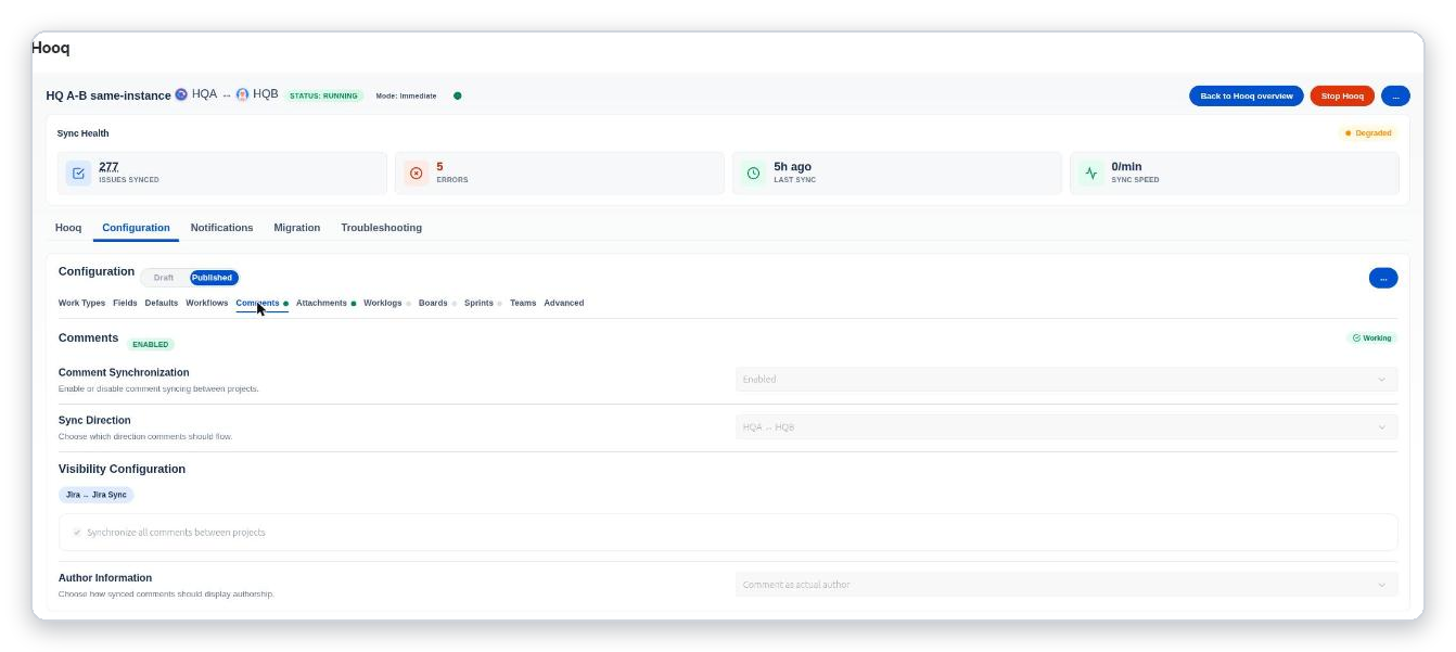 The Comments tab with Comment Synchronization set to Enabled, the Sync Direction, the Visibility Configuration and Author Information.