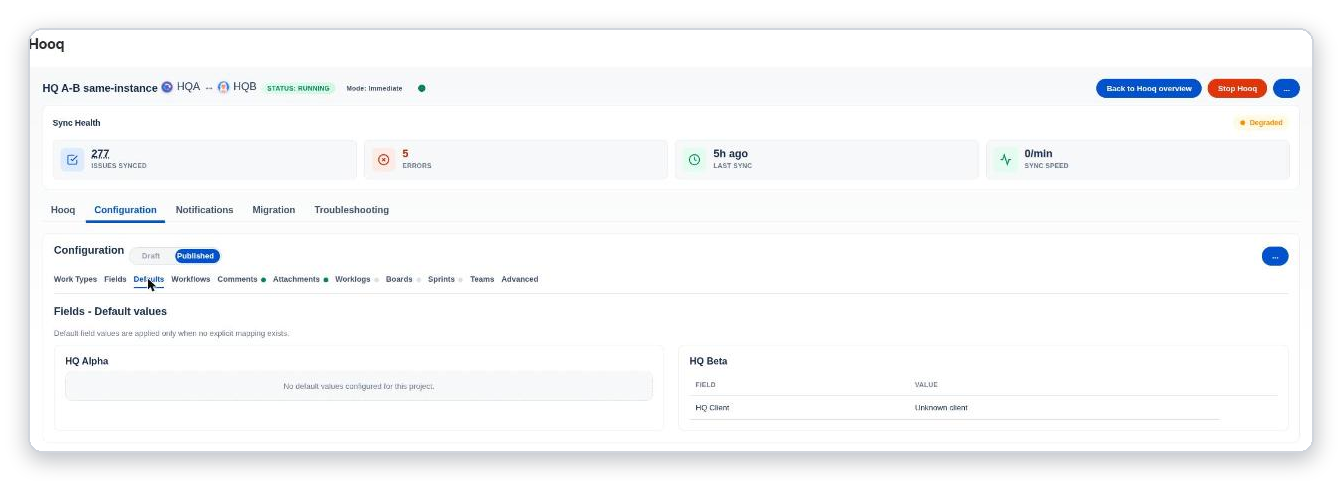 The Defaults tab with one box per project; the box of project B lists the field HQ Client with the value Unknown client.