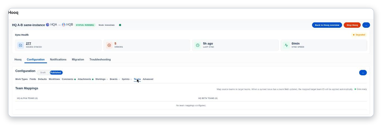 The Teams tab with the table of team mappings; it reads No team mappings configured.