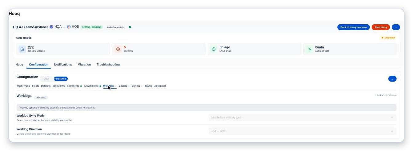 The Worklogs tab showing that worklog syncing is disabled, with the Worklog Sync Mode and Worklog Direction settings.