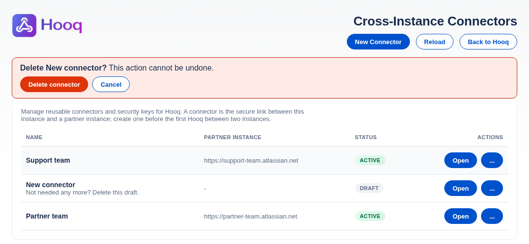 The Connectors page with the confirmation Delete New connector? This action cannot be undone. and the buttons Delete connector and Cancel.