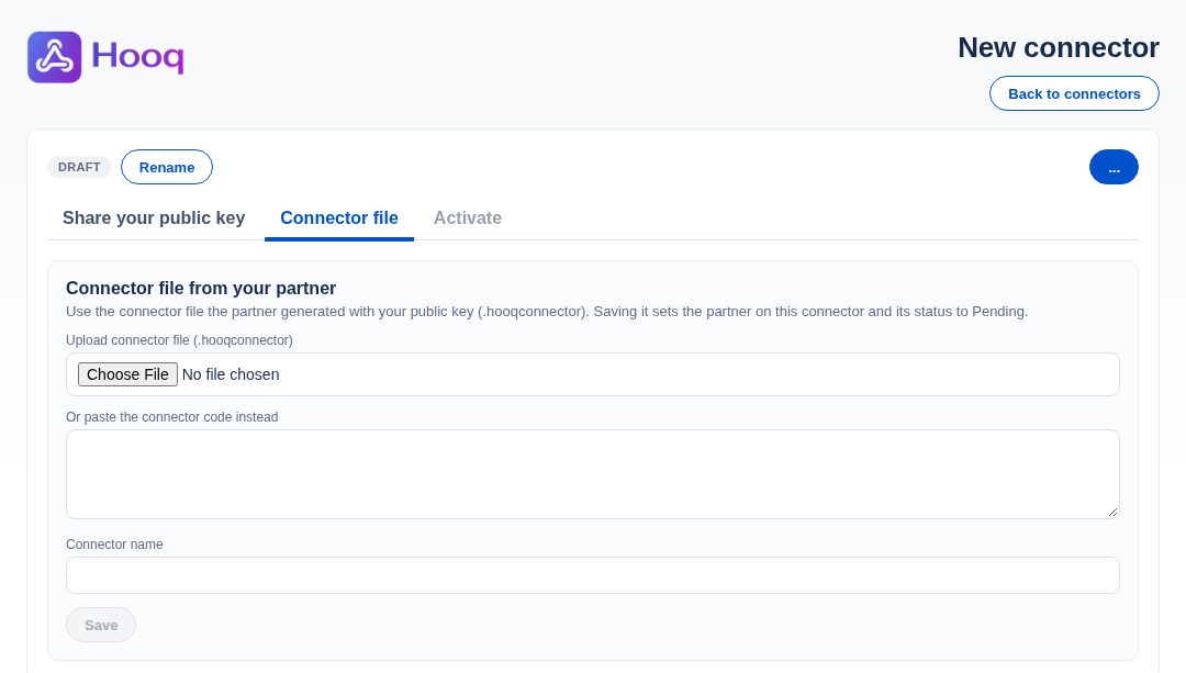The second tab of a connector, Connector file, with the upload field, a box to paste the connector code, the Connector name field and the Save button.