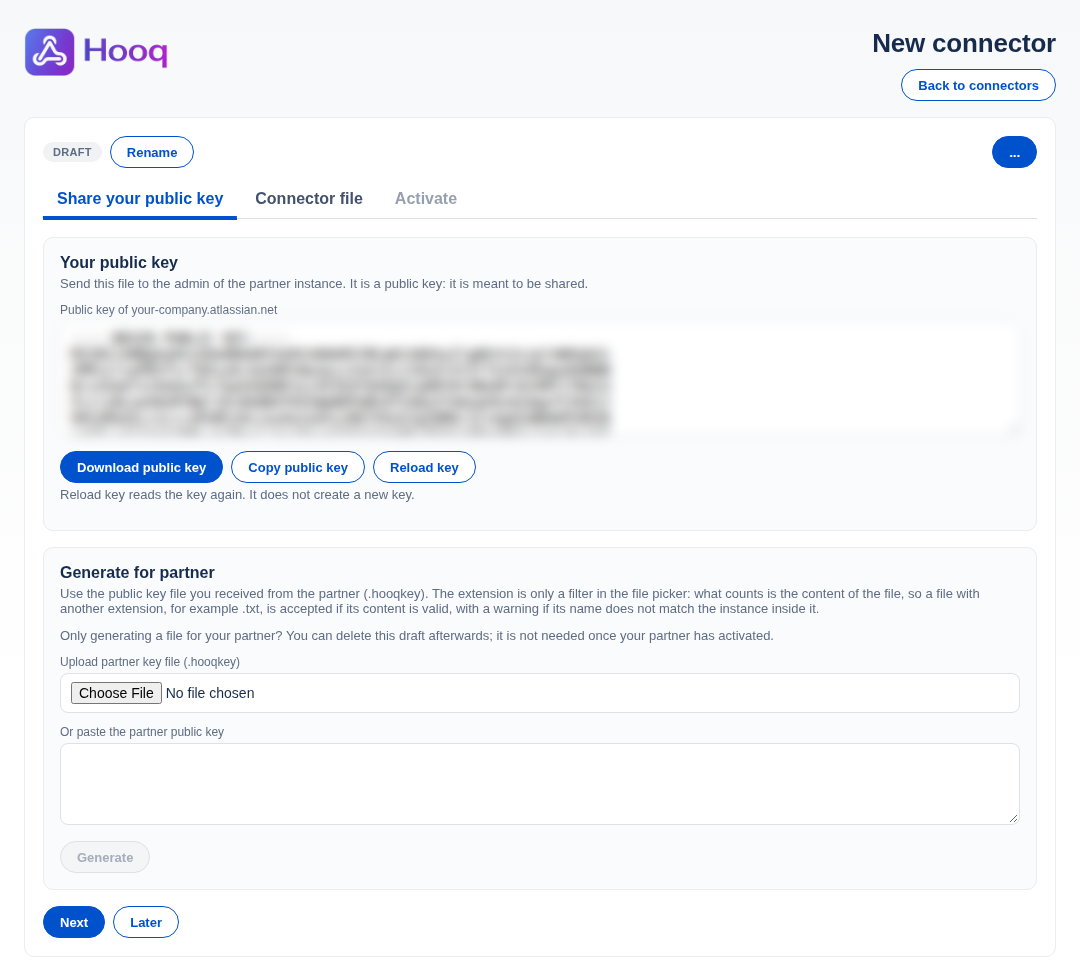 The first tab of a new connector, Share your public key.