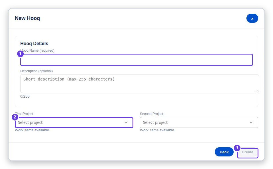 The New Hooq window, step 2, with the Hooq Details fields, the First Project and Second Project selectors, and the Create button.