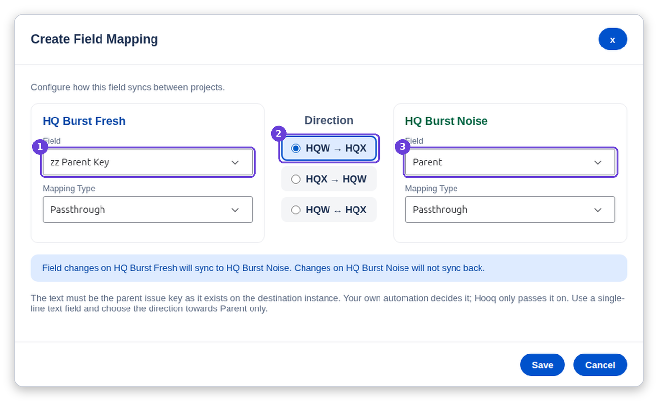 The Create Field Mapping window. On the left a single-line text field, in the middle the direction set from the first project towards the second, on the right the field Parent. A short hint below explains that the text must be the parent issue key on the destination instance.