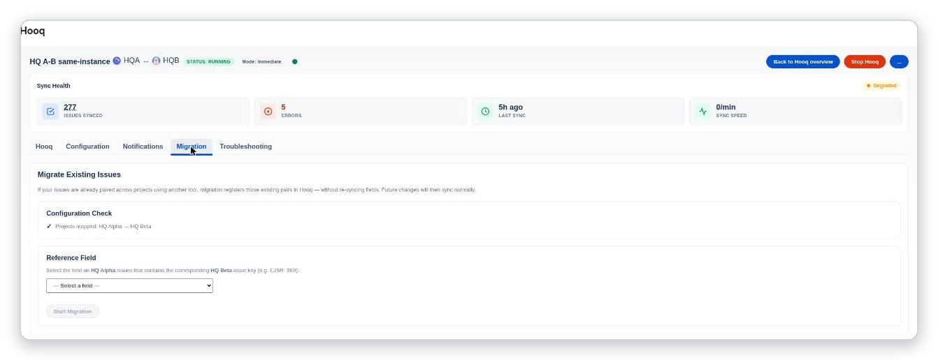 The Migration tab with the Configuration Check, the Reference Field selector and the Start Migration button.