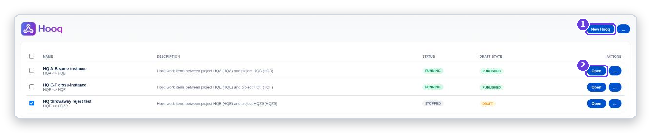 The Hooq overview with the New Hooq button and a list of Hooqs showing Name, Description, Status and Draft state, each with an Open button.