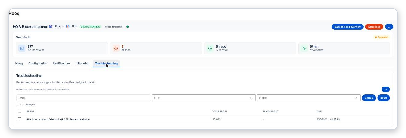 The Troubleshooting tab with the Search box, the Error and Project filters, the Search and Reset buttons and a list of errors with the columns Error, Occurred in, Triggered by and Time.